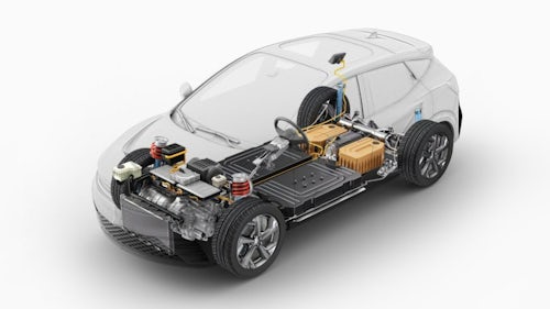 振動騒音 (NVH) のシミュレーションのテストのためのソリューション – 電気自動車の3D透視図